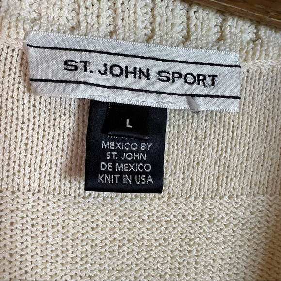 St. John Sport White Cream Striped Cardigan Wool Sweater Size L FLAWS - Picture 9 of 16
